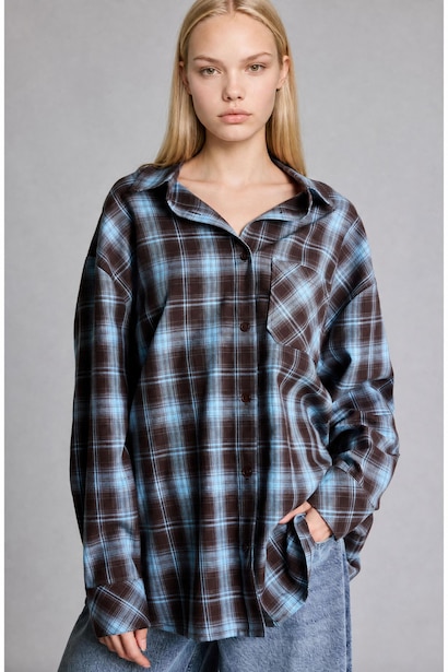 Oversize Shirt Collar Checkered Pattern Flannel Shirt