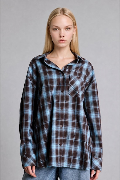 Oversize Shirt Collar Checkered Pattern Flannel Shirt