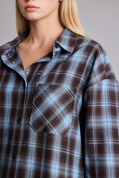 Oversize Shirt Collar Checkered Pattern Flannel Shirt