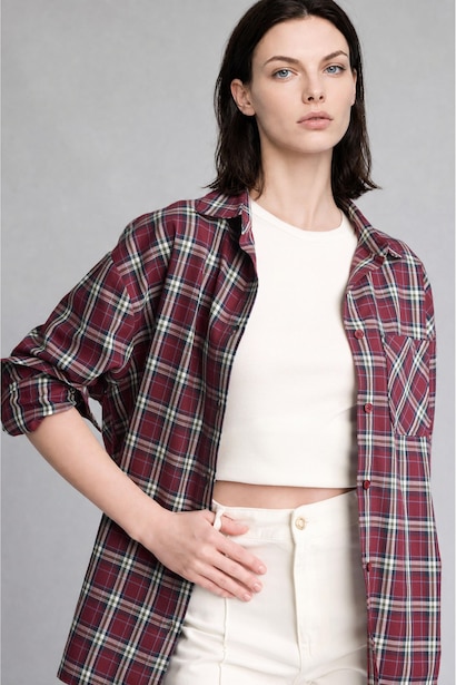 Oversize Shirt Collar Checkered Pattern Flannel Shirt