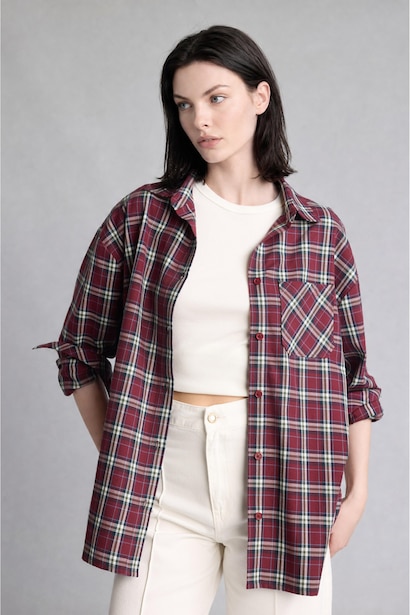 Oversize Shirt Collar Checkered Pattern Flannel Shirt