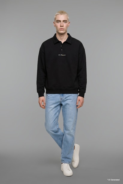 Boxy Fit Embroidered Basic Long Sleeve Polo Collar Sweatshirt