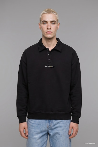 Boxy Fit Embroidered Basic Long Sleeve Polo Collar Sweatshirt