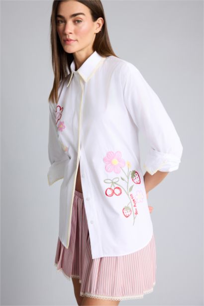 Afra x Defacto Oversıze Nakışlı Poplin  Kollu Gömlek