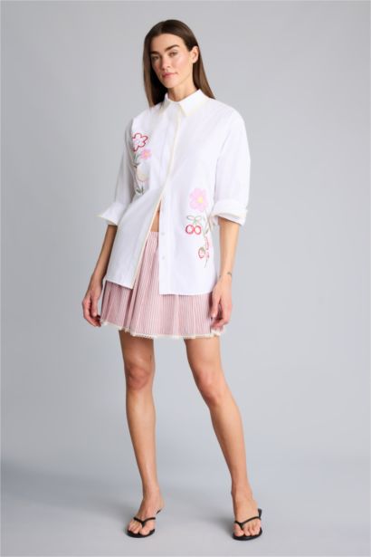 Afra x Defacto Oversıze Nakışlı Poplin  Kollu Gömlek