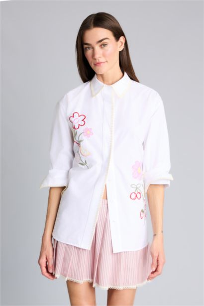 Afra x Defacto Oversıze Nakışlı Poplin  Kollu Gömlek