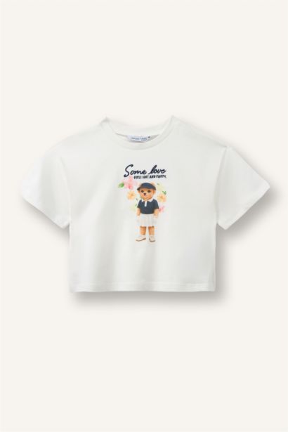 Regular Fıt Ayı Baskılı Penye Kısa Kollu Tişört Kız Bebek