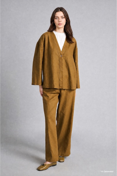 Regular Fıt V Yaka Keten Kimono