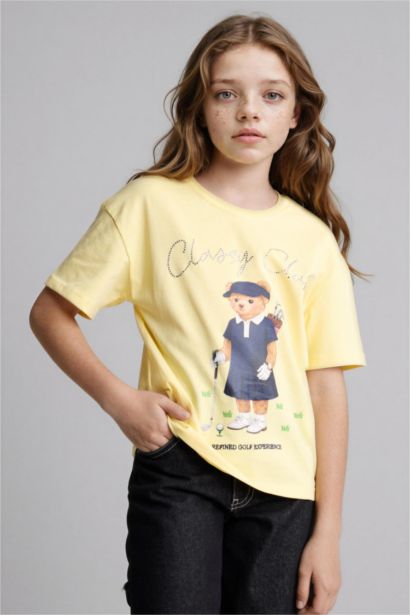 تيشيرت بناتي نص ردن مطبوع اوفر سايز بياخة مستديرة