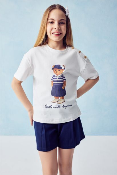 Omuz Düğmeli Ayıcıklı Kız Tişört