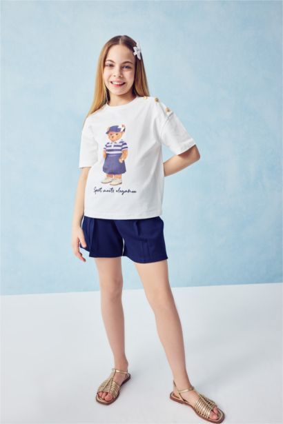 Omuz Düğmeli Ayıcıklı Kız Tişört