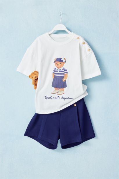 Omuz Düğmeli Ayıcıklı Kız Tişört