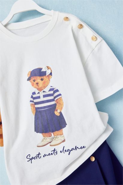 Omuz Düğmeli Ayıcıklı Kız Tişört