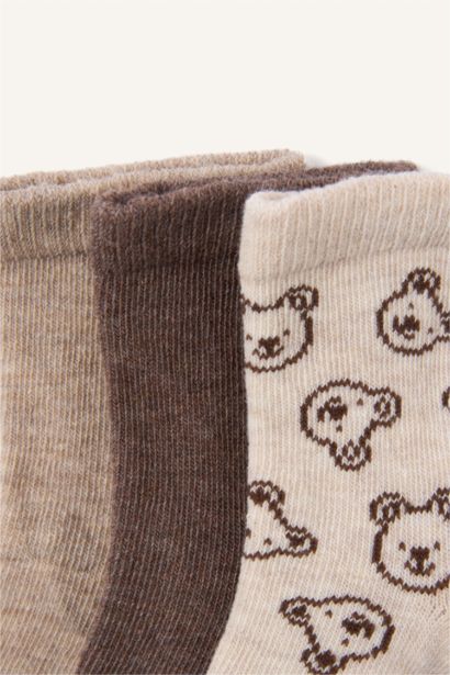 Ayı Baskılı Dikişsiz 3'lü Pamuklu Uzun Çorap Erkek Bebek