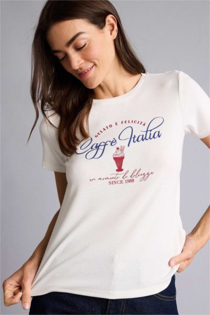 T-shirt côtelé imprimé à col rond et manches courtes Coupe régulière