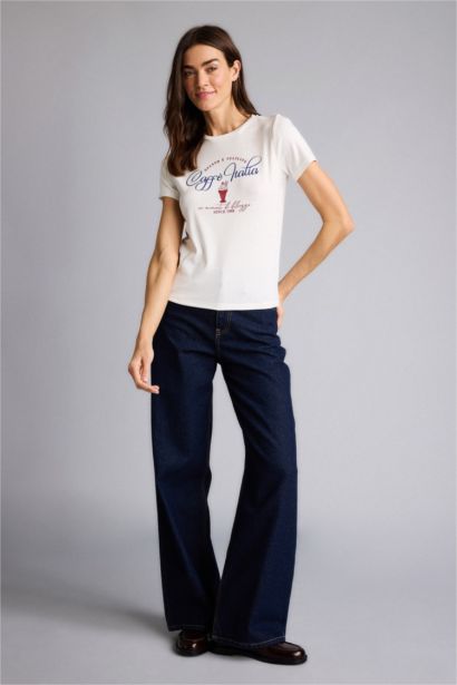 T-shirt côtelé imprimé à col rond et manches courtes Coupe régulière