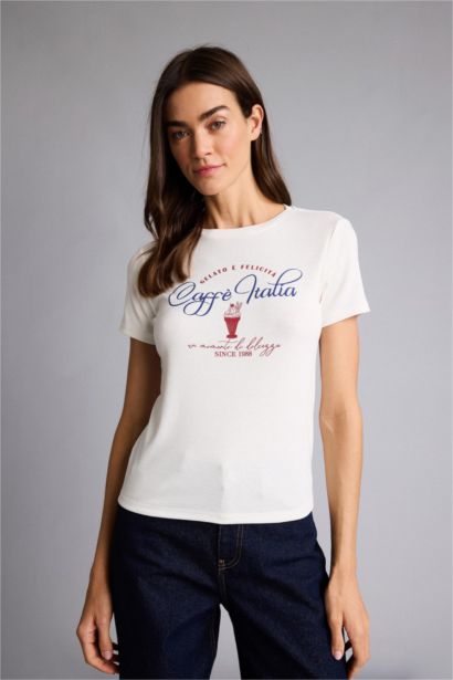 T-shirt côtelé imprimé à col rond et manches courtes Coupe régulière