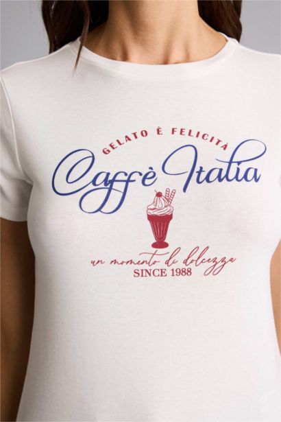 T-shirt côtelé imprimé à col rond et manches courtes Coupe régulière