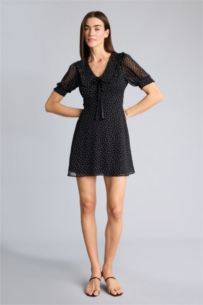 Afra x Defacto V Yaka Puantiye Şifon  Mini Elbise