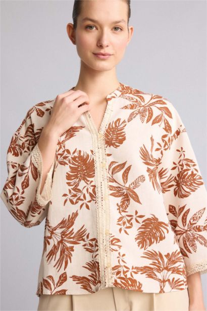 Relaxed Fit Keten Karışımlı Baskılı Gömlek