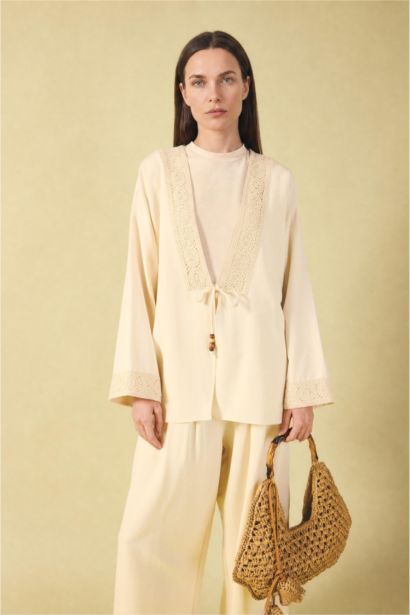 Relax Fit V-Neck Linen Blended Long Sleeve Shirt