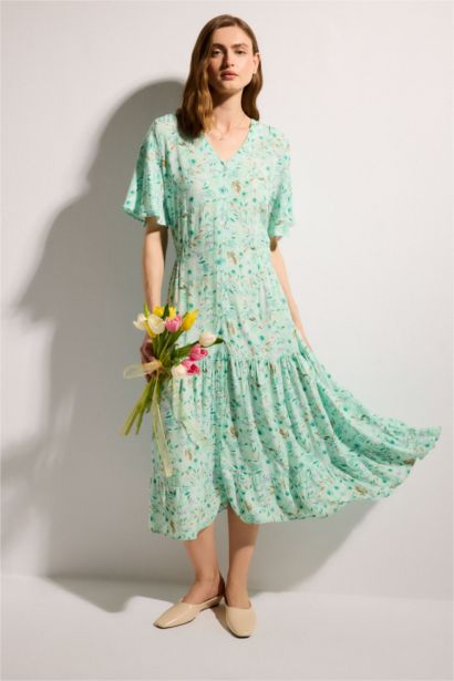 A Kesim V Yaka Baskılı Kısa Kollu Elbise