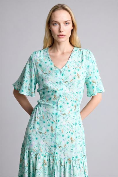 A Kesim V Yaka Baskılı Kısa Kollu Elbise