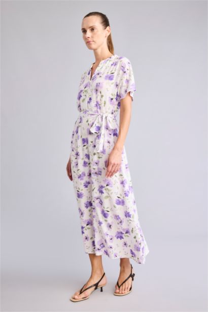 A Cut Crew Neck Printed Midi Dress