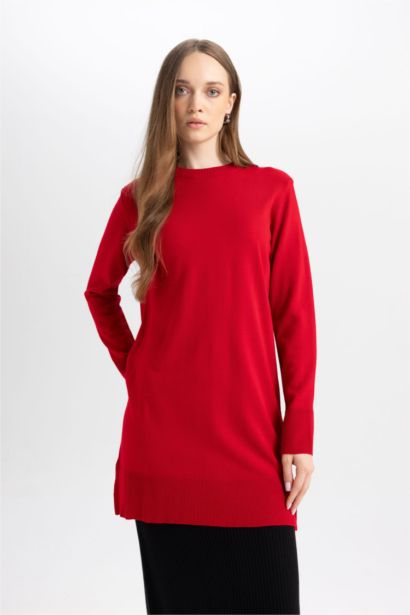 Regular Fit Crew Neck Slit Basic Pullover Tunic