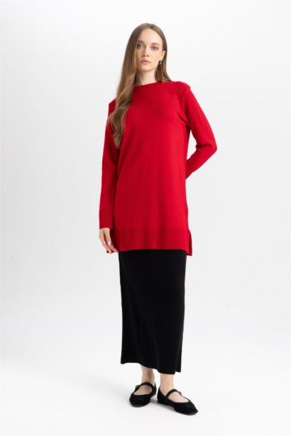 Regular Fit Crew Neck Slit Basic Pullover Tunic