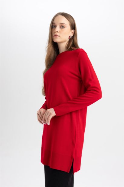 Regular Fit Crew Neck Slit Basic Pullover Tunic