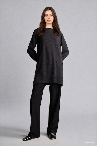 Regular Fit Crew Neck Anthracite Knit Tunic