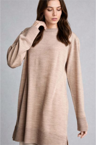 Regular Fit Crew Neck Beige Knit Tunic