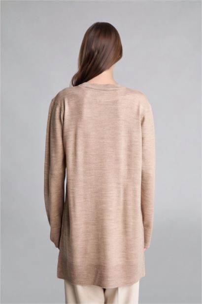 Regular Fit Crew Neck Beige Knit Tunic