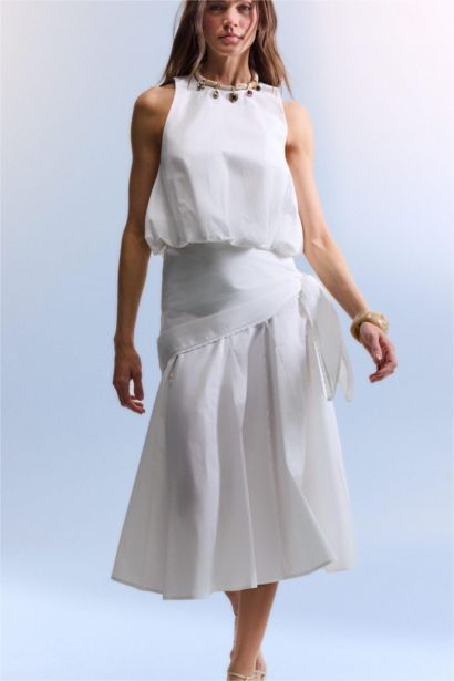 Afra x Defacto A Kesim Normal Bel Poplin Midi Etek