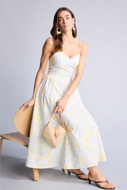 Kalp Yaka Baskılı Poplin Askılı Midi Elbise