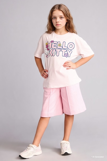 %100 Pamuk Hello Kitty Relaxed Fit Tişört Kız Çocuk