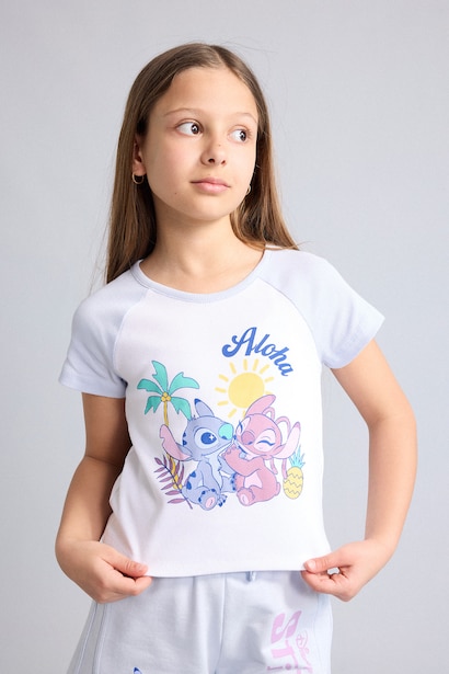 T-shirt blanc côtelé Lilo & Stitch à col rond et manches courtes  pour fille