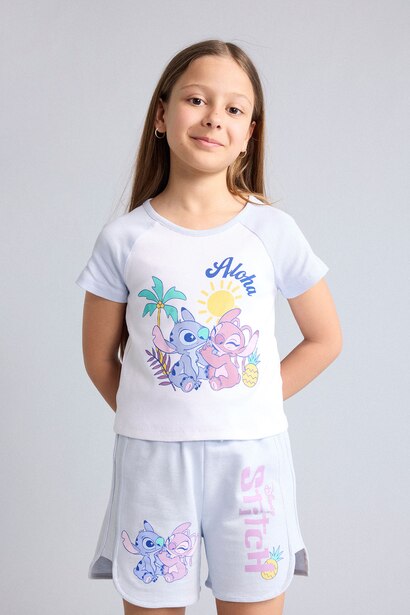 T-shirt blanc côtelé Lilo & Stitch à col rond et manches courtes  pour fille