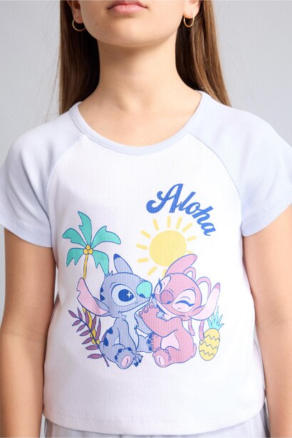 T-shirt blanc côtelé Lilo & Stitch à col rond et manches courtes  pour fille