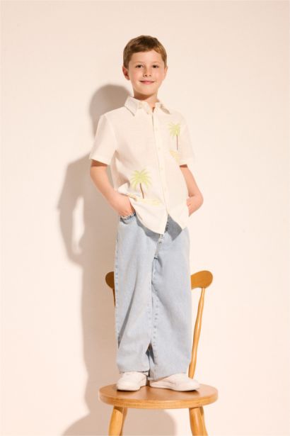 Boy Oversize Fit Tropical Patterned Short Sleeve Shirt
