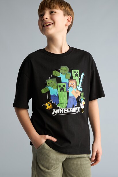 %100 Pamuk Minecraft Oversıze Bisiklet Yaka Kısa Kollu Tişört Erkek Çocuk