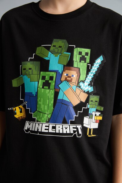 %100 Pamuk Minecraft Oversıze Bisiklet Yaka Kısa Kollu Tişört Erkek Çocuk
