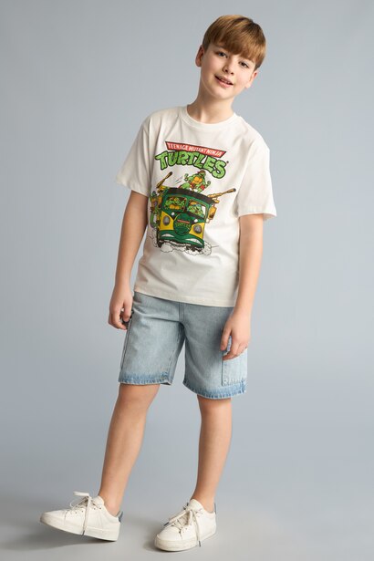 %100 Pamuk Nınja Turtles-Retro New Regular Fıt Bisiklet Yaka Kısa Kollu Tişört Erkek Çocuk