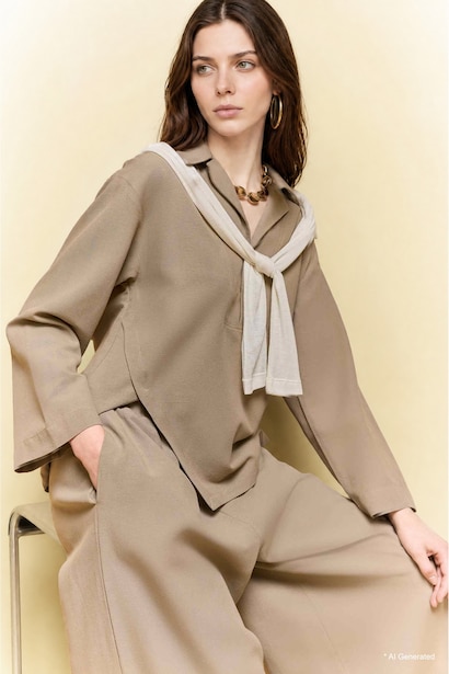Regular Fit Linen Blended Long Sleeve Tunic