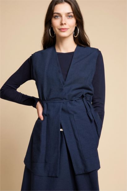 Regular Fıt V Yaka Keten Yelek