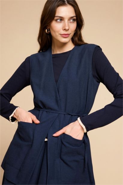 Regular Fıt V Yaka Keten Yelek