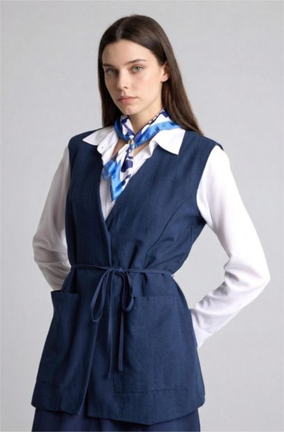 Regular Fıt V Yaka Keten Yelek