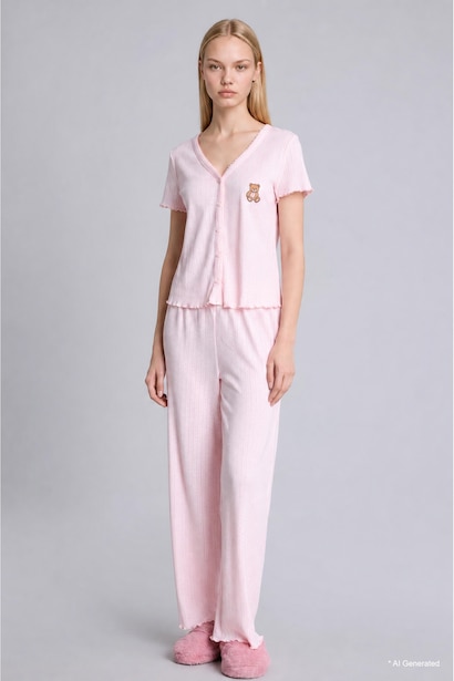 Regular Fıt Kısa Kollu Ayıcıklı Pijama Takımı