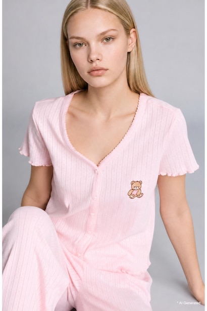 Regular Fıt Kısa Kollu Ayıcıklı Pijama Takımı